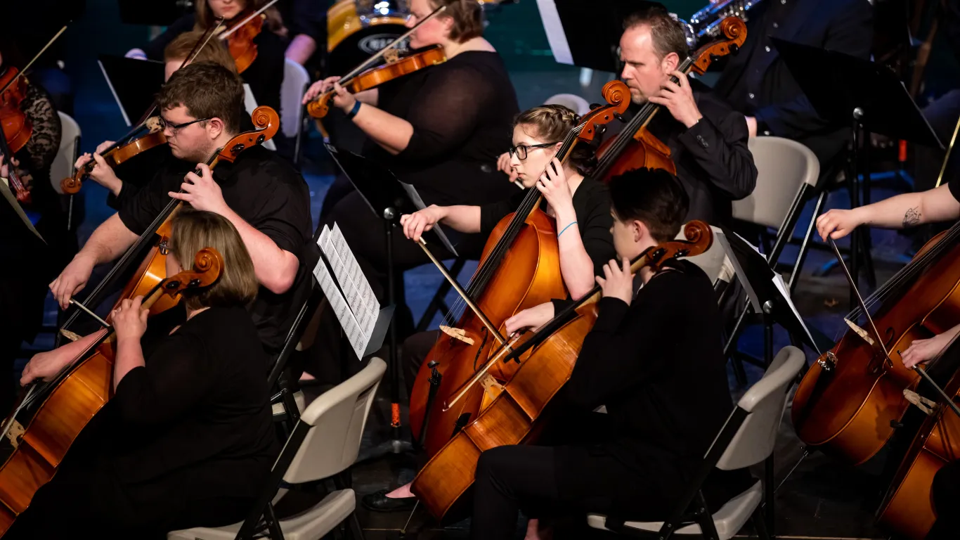 close view of full orchestra performing on stage 