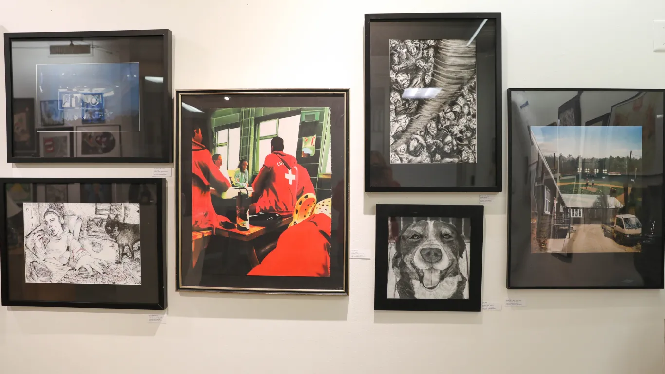 This is a group of art pieces on display in the gallery, consisting of photographs, charcoal drawings, pen and ink, colored pencil and pastel illustrations. 