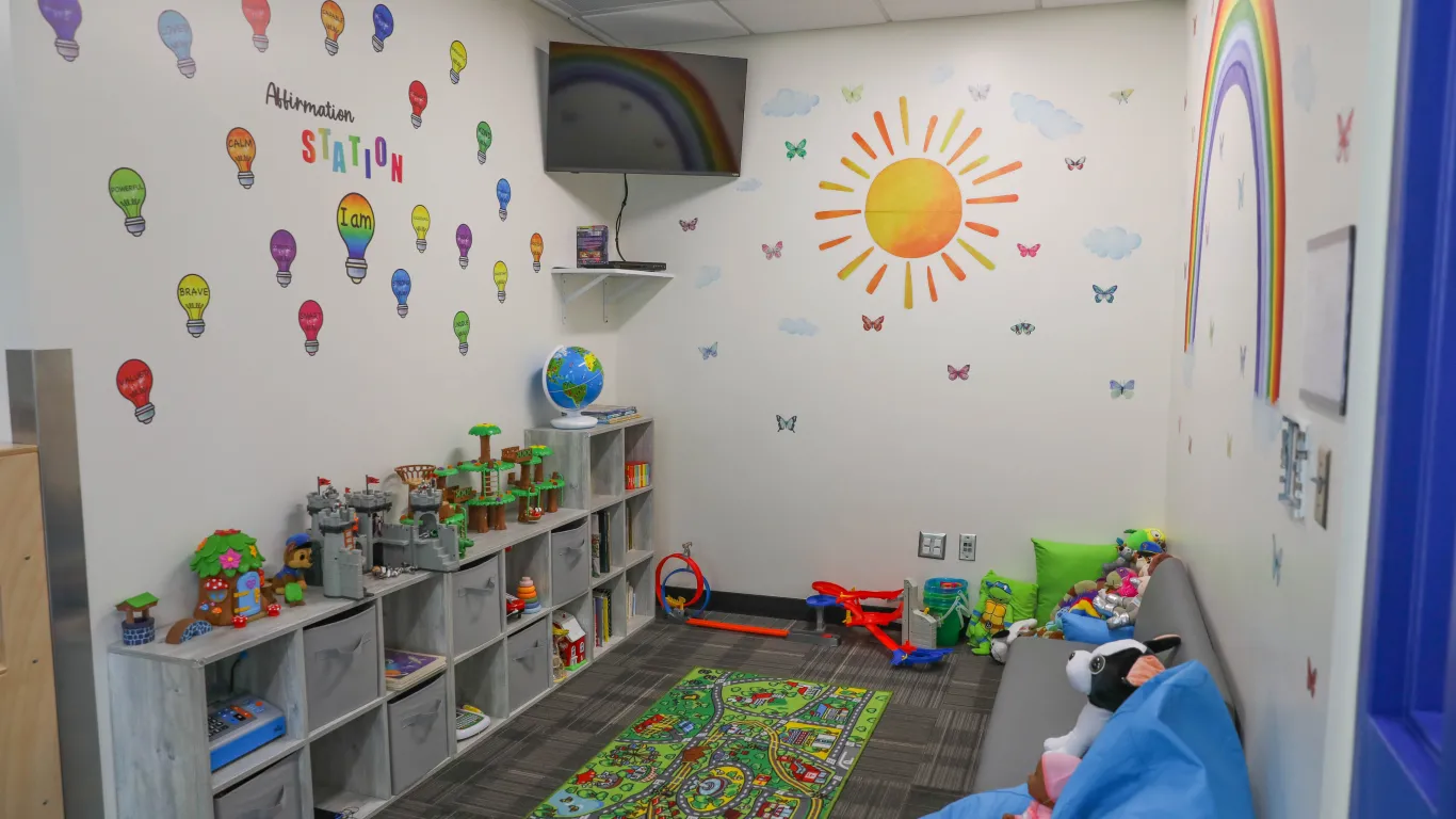 toys on shelves, a couch, and a tv