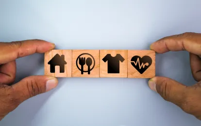 two hands holding wood blocks that have images of food housing and other needs 