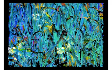 Jean Swanson's, Dancing Painting. A painting made of blue and green plants and leaves.