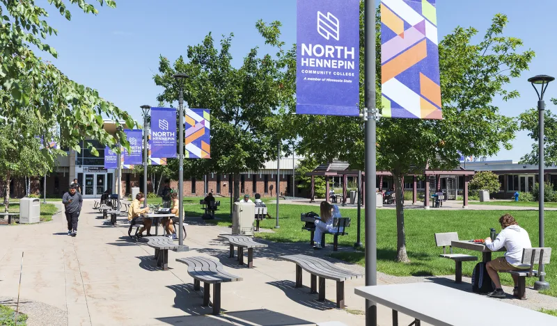 students on campus on a sunny day