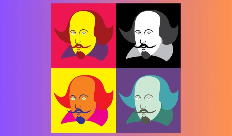 4 illustrated heads of William Shakespeare in a colorful table.