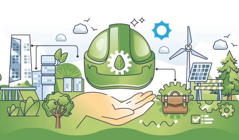 trees, a green helmet, a windmill, and green buildings