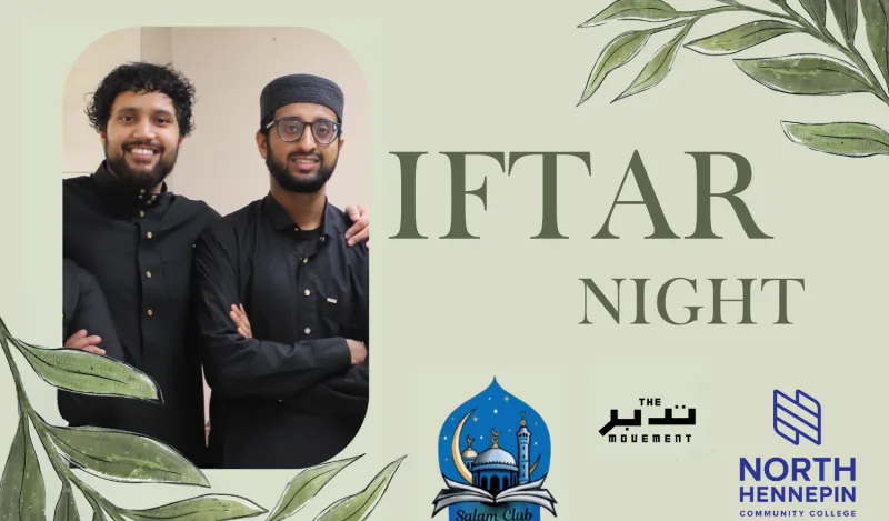 a photo flyer for the NHCC Salam Club event Iftar Night 2025. Two male guest speakers are pictured, smiling, side by side with the Salam Club logo and the NHCC logo. 