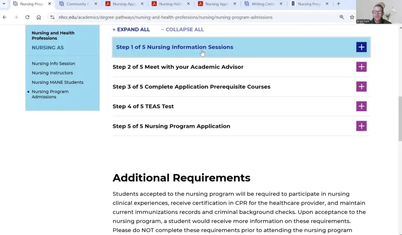 screen shot of the nursing admissions web page