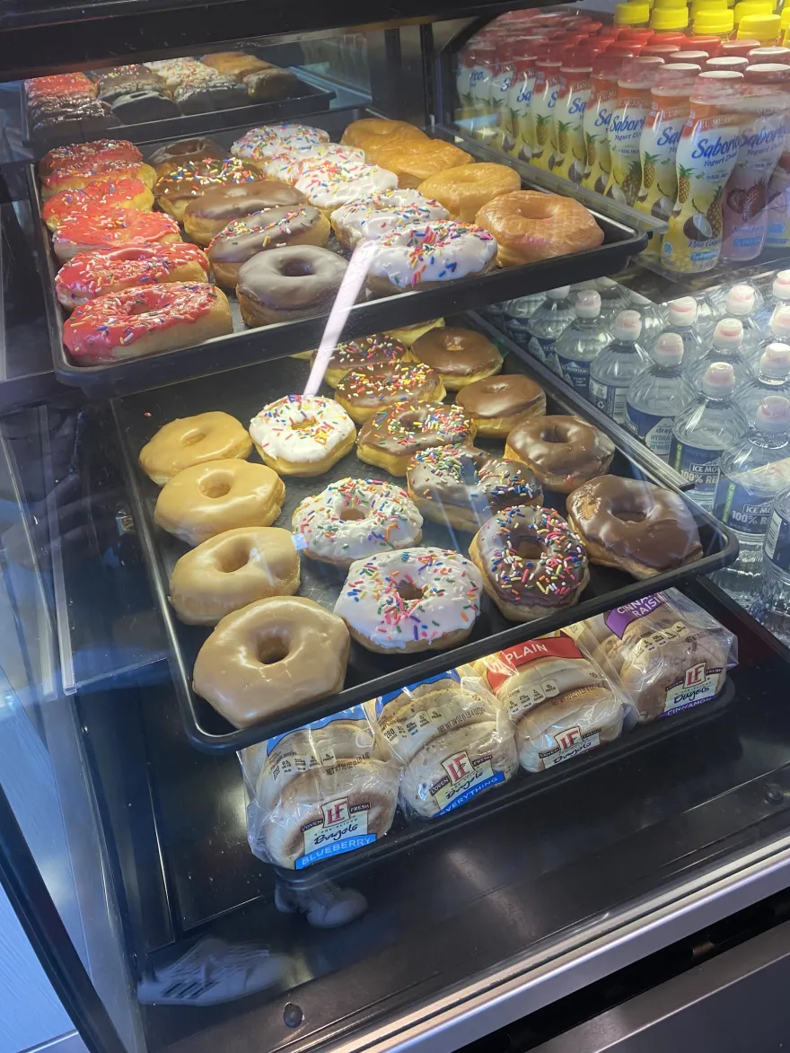 a photo of the donuts behind a glass case at NHCC's coffee shop 