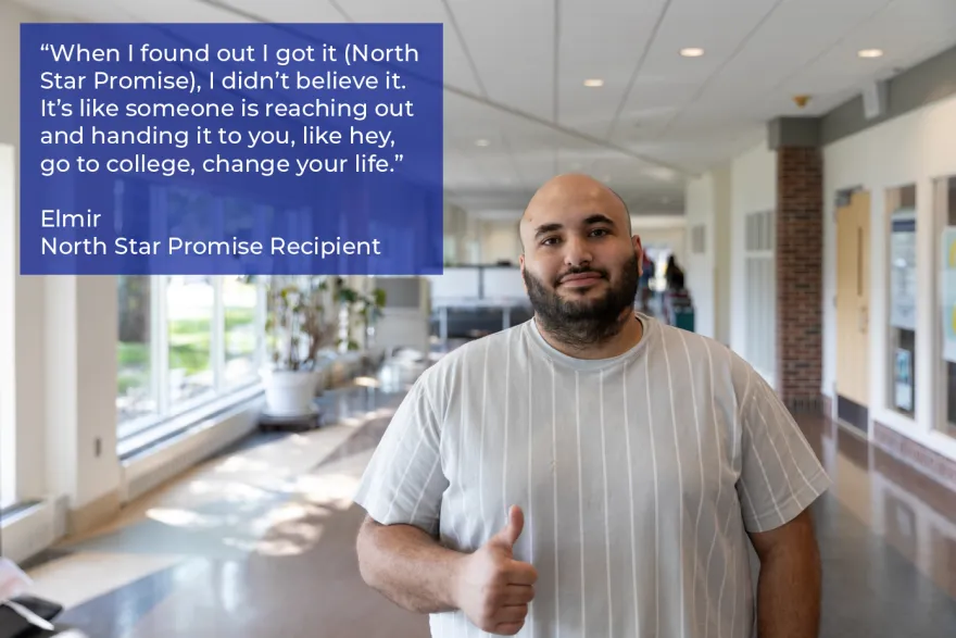 man smiling in a hallway with text that describes how he's happy to have received the scholarship