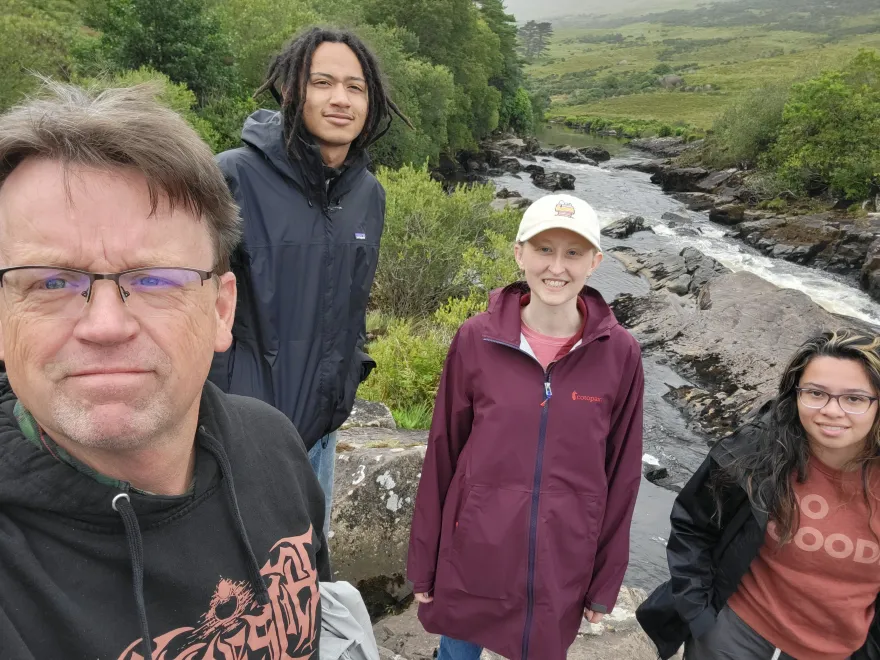 Students (Isack Dawa, Sophia Mahon, Maia Garcia) and Paul at Ashleigh Falls, Mayo, 2024