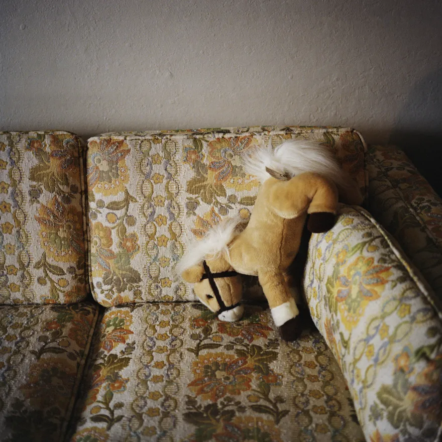 a photo of a children's horse stuffed animal sitting lop sided on a sofa.