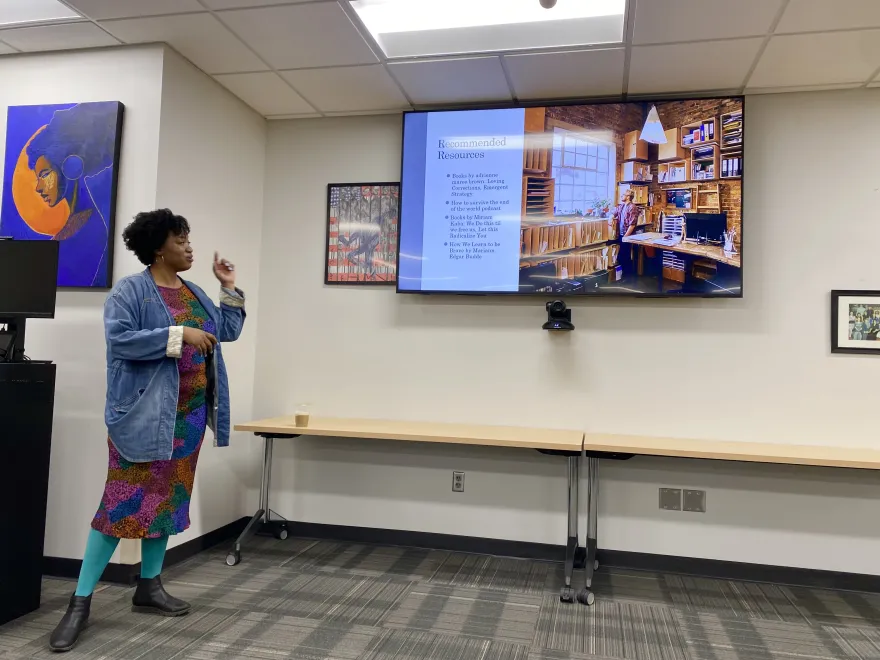 a photo of keynote speaker, Lauren Jones giving a presentation for Black History Month in February of 2025 in NHCC's Campus Center. 